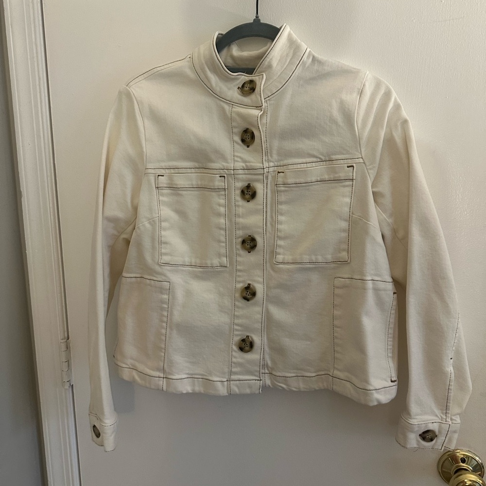 Cream Denim Jacket With Tortoise Button-Up detail